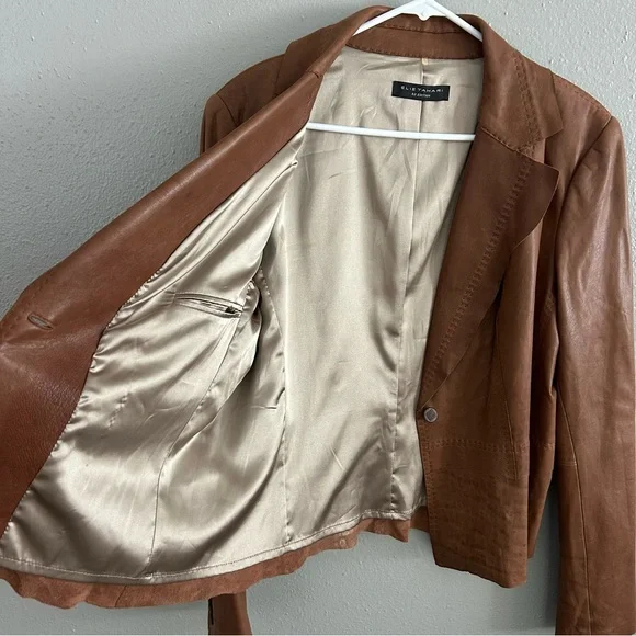 Elie Tahari Re Edition Brown Genuine Leather Blazer Size XL Jacket Soft Buttery - Picture 5 of 10
